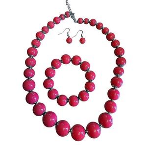 Hot Pink Beaded Jewelry Set Necklace Bracelet Earrings Chunky Statement